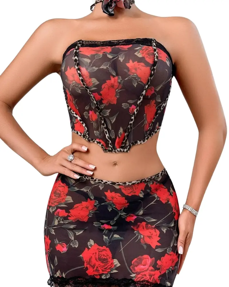 Beatriz - Ensemble fleurs rouges et noirs