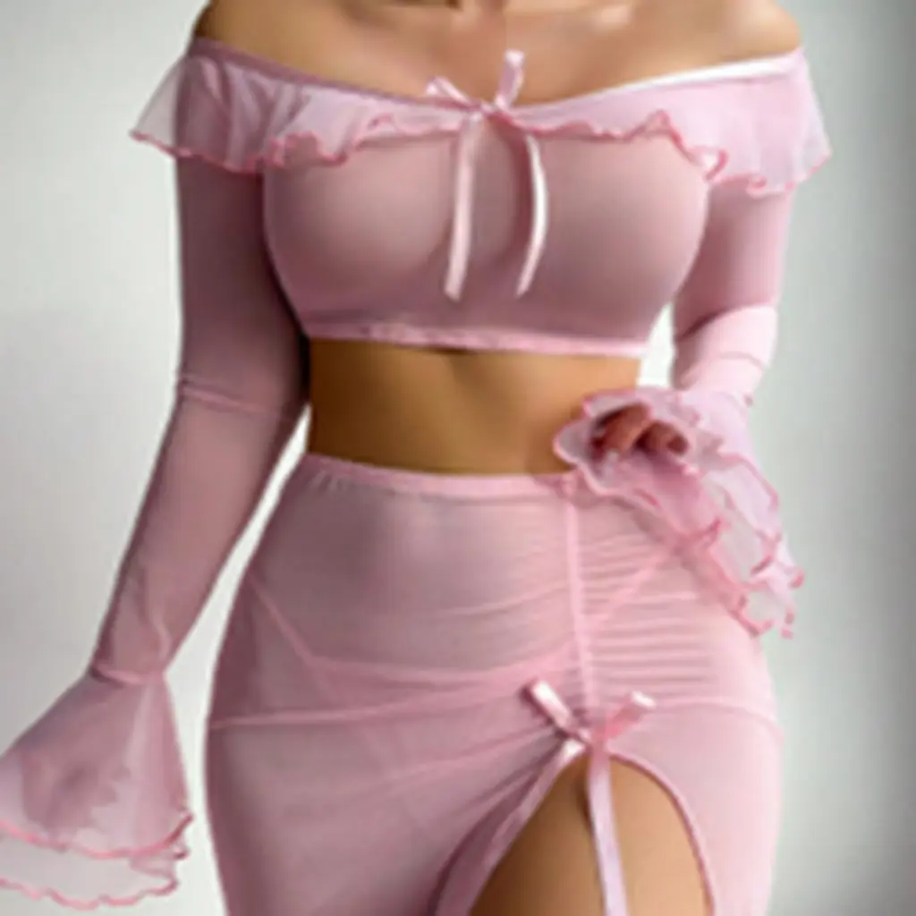 Bella - Pink Long-Sleeve Top Set - Thong - Long Skirt