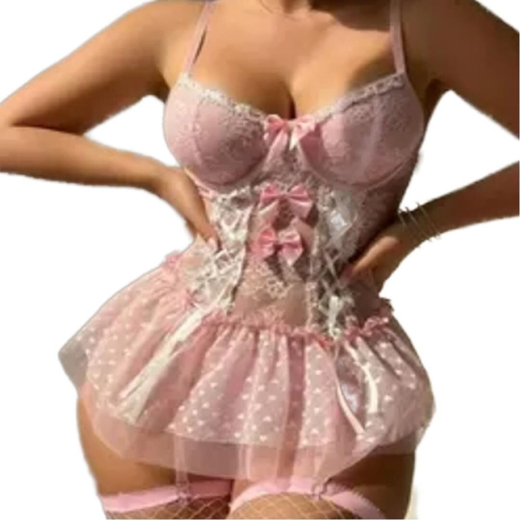 Isaline – Corset Rose avec Jupon en Tulle Raffiné