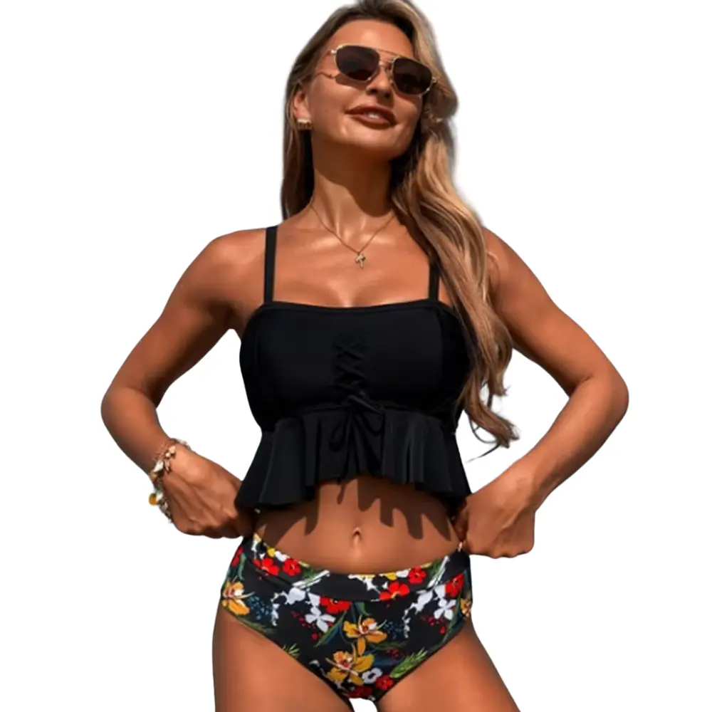 Calypso - Black Bustier Swimsuit - Floral Bottoms